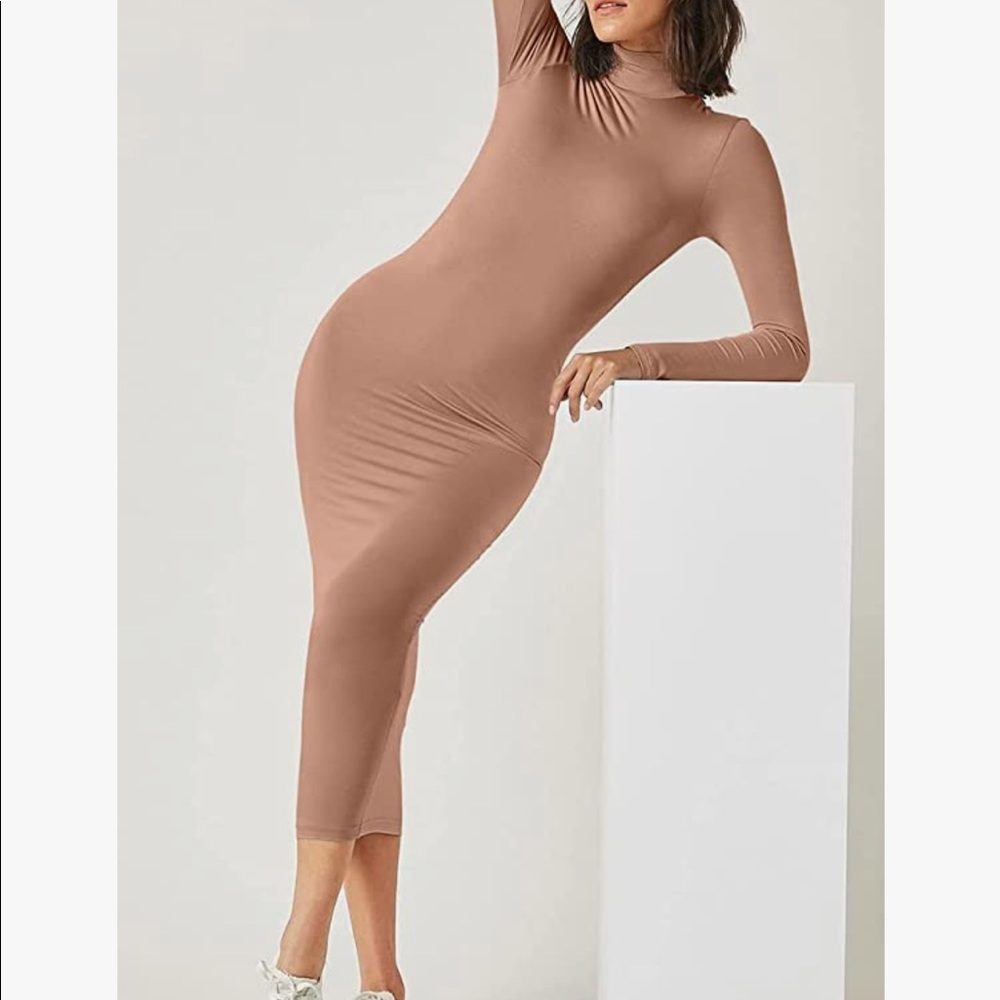 Long sleeve, midi, beige bodycon dress